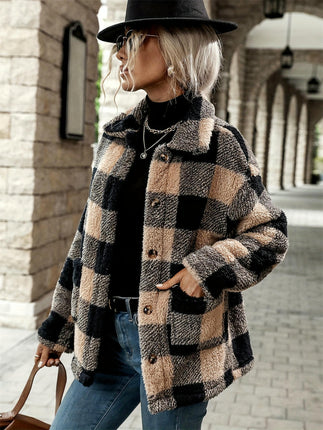 Women's Plaid Casual Jacket Sherpa Winter Jacket Loose Fit Button-Up Plush Coat