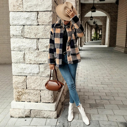 Women's Plaid Casual Jacket Sherpa Winter Jacket Loose Fit Button-Up Plush Coat