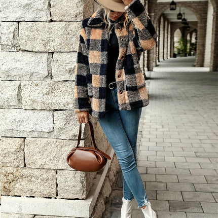 Women's Plaid Casual Jacket Sherpa Winter Jacket Loose Fit Button-Up Plush Coat