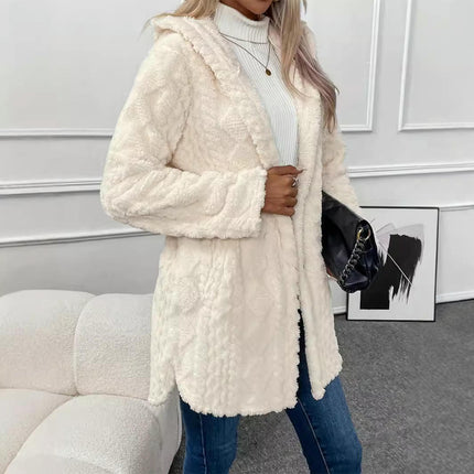 Women's Long Hooded Solid Color Plush Cardigan Long Sleeve Button Plush Casual Jacket