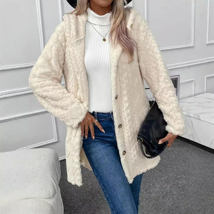 Women's Long Hooded Solid Color Plush Cardigan Long Sleeve Button Plush Casual Jacket