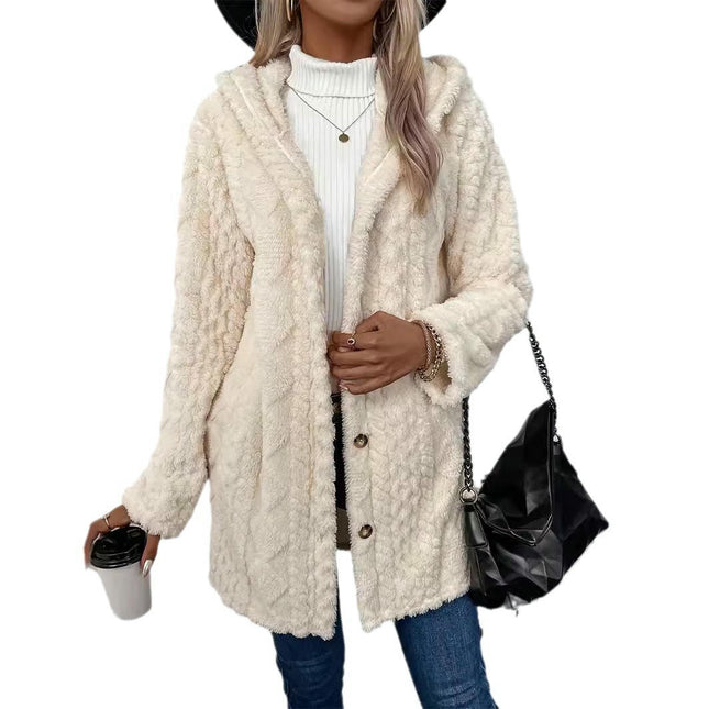 Women's Long Hooded Solid Color Plush Cardigan Long Sleeve Button Plush Casual Jacket