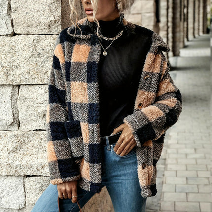 Women's Plaid Casual Jacket Sherpa Winter Jacket Loose Fit Button-Up Plush Coat