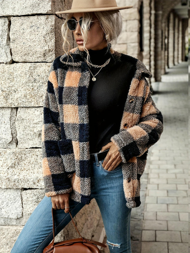 Women's Plaid Casual Jacket Sherpa Winter Jacket Loose Fit Button-Up Plush Coat