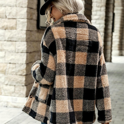 Women's Plaid Casual Jacket Sherpa Winter Jacket Loose Fit Button-Up Plush Coat