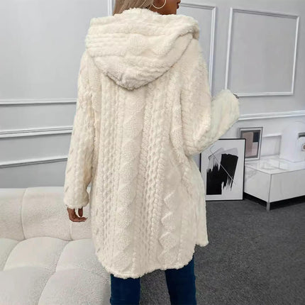 Women's Long Hooded Solid Color Plush Cardigan Long Sleeve Button Plush Casual Jacket