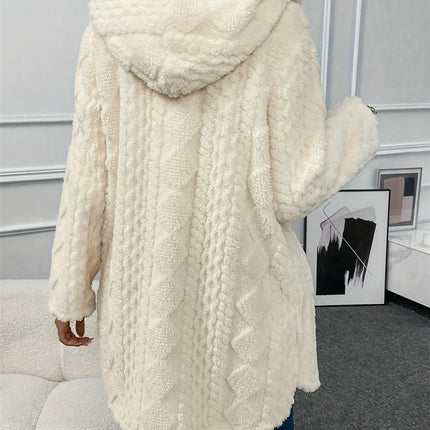 Women's Long Hooded Solid Color Plush Cardigan Long Sleeve Button Plush Casual Jacket