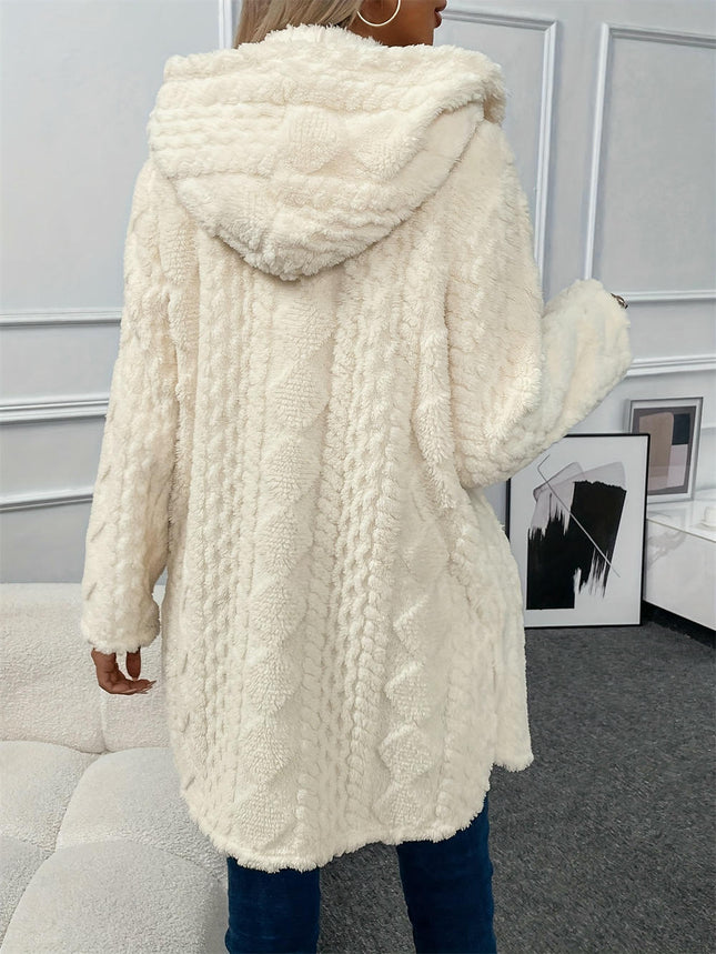 Women's Long Hooded Solid Color Plush Cardigan Long Sleeve Button Plush Casual Jacket
