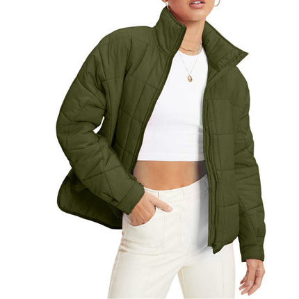 Women's Short Jacket Winter Warm Quilted Jacket Loose Cotton Long Sleeve Zipper Coat
