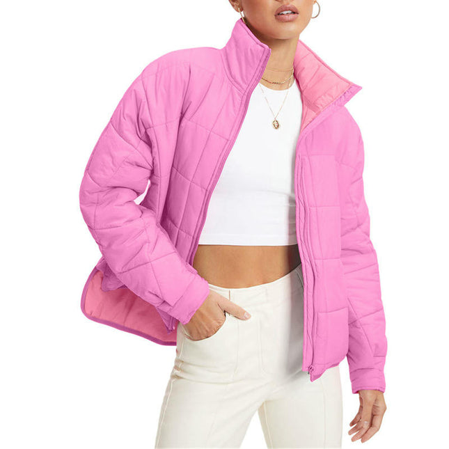 Women's Short Jacket Winter Warm Quilted Jacket Loose Cotton Long Sleeve Zipper Coat