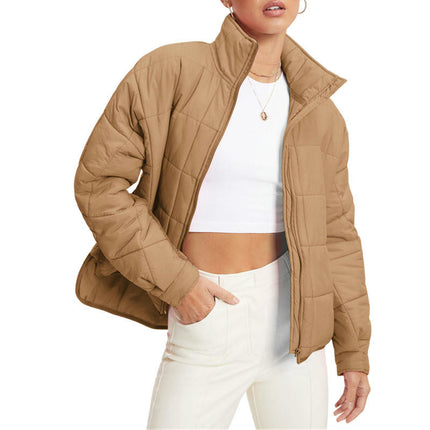 Women's Short Jacket Winter Warm Quilted Jacket Loose Cotton Long Sleeve Zipper Coat