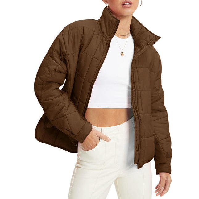 Women's Short Jacket Winter Warm Quilted Jacket Loose Cotton Long Sleeve Zipper Coat