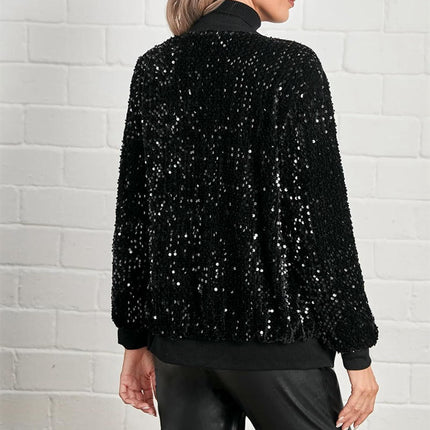 Women's Sequined Tops Coat Stand Collar Long Sleeve Zipper Casual Jacket