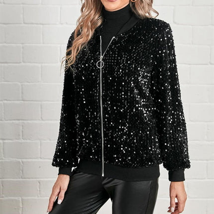 Women's Sequined Tops Coat Stand Collar Long Sleeve Zipper Casual Jacket