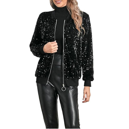 Women's Sequined Tops Coat Stand Collar Long Sleeve Zipper Casual Jacket