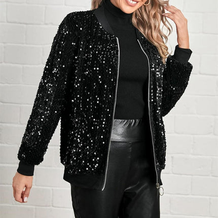 Women's Sequined Tops Coat Stand Collar Long Sleeve Zipper Casual Jacket