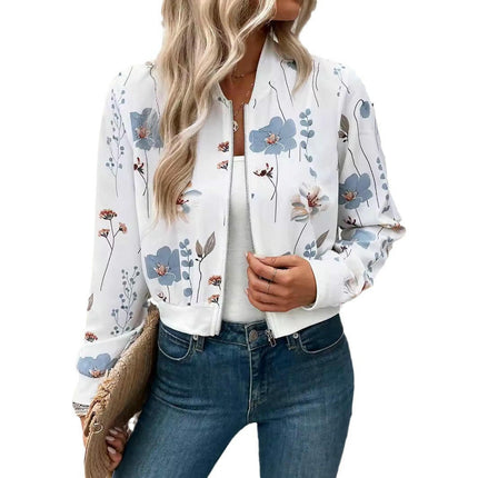 Women's Baseball Short Jacket Floral Long Sleeve Zip Up Baseball Bomber Jacket Coat