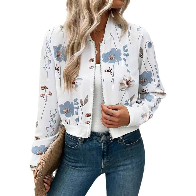 Women's Baseball Short Jacket Floral Long Sleeve Zip Up Baseball Bomber Jacket Coat