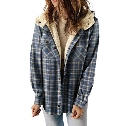 Women's Flannel Hooded Plaid Thick Coat Winter Coat for Warmth Button down Fuzzy Jacket