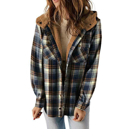 Women's Flannel Hooded Plaid Thick Coat Winter Coat for Warmth Button down Fuzzy Jacket