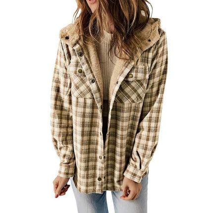 Women's Flannel Hooded Plaid Thick Coat Winter Coat for Warmth Button down Fuzzy Jacket