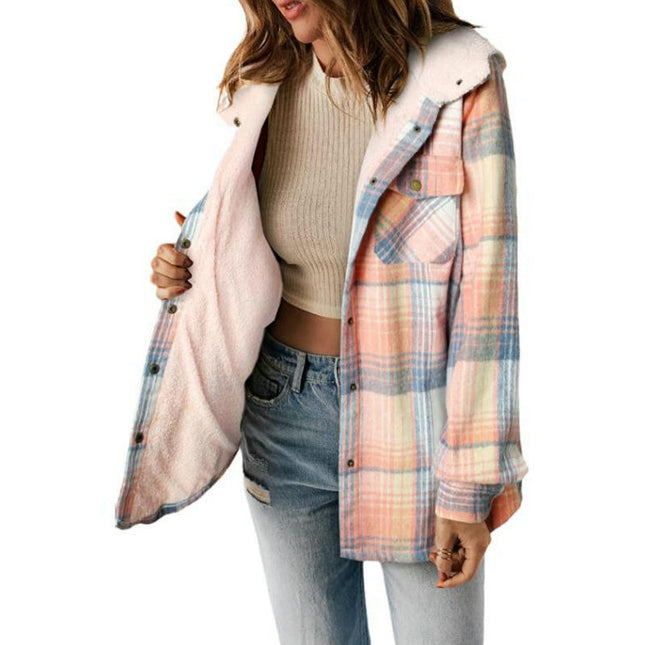 Women's Flannel Hooded Plaid Thick Coat Winter Coat for Warmth Button down Fuzzy Jacket