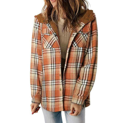 Women's Flannel Hooded Plaid Thick Coat Winter Coat for Warmth Button down Fuzzy Jacket