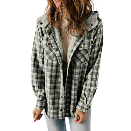 Women's Flannel Hooded Plaid Thick Coat Winter Coat for Warmth Button down Fuzzy Jacket