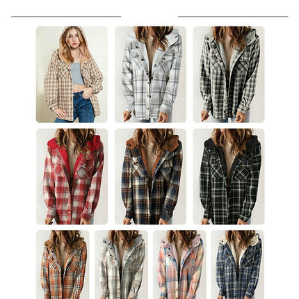 Women's Flannel Hooded Plaid Thick Coat Winter Coat for Warmth Button down Fuzzy Jacket