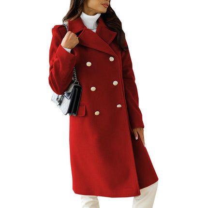 Womens Long Wool Coat Lapel Double Breasted Trench Coat Fall Winter Clothes
