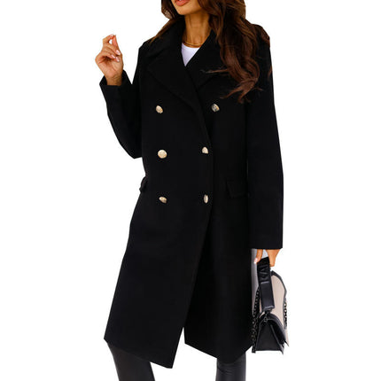 Womens Long Wool Coat Lapel Double Breasted Trench Coat Fall Winter Clothes