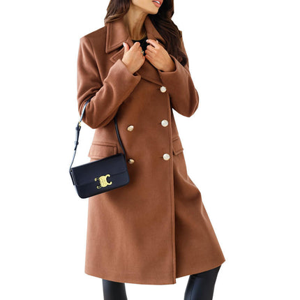 Womens Long Wool Coat Lapel Double Breasted Trench Coat Fall Winter Clothes
