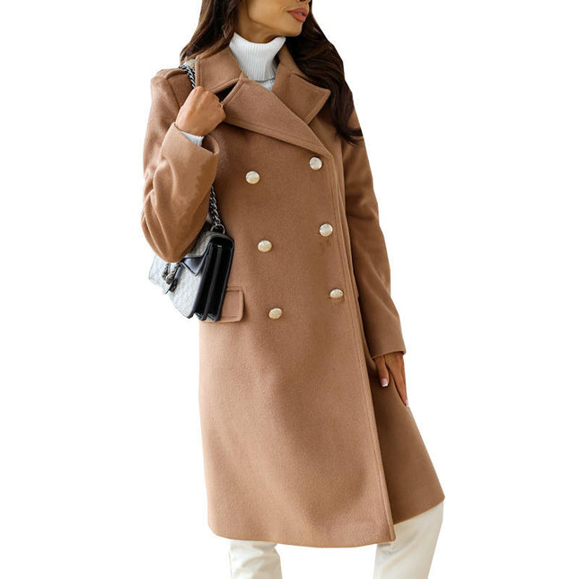 Womens Long Wool Coat Lapel Double Breasted Trench Coat Fall Winter Clothes