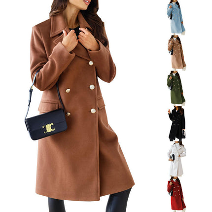 Womens Long Wool Coat Lapel Double Breasted Trench Coat Fall Winter Clothes