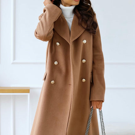 Womens Long Wool Coat Lapel Double Breasted Trench Coat Fall Winter Clothes