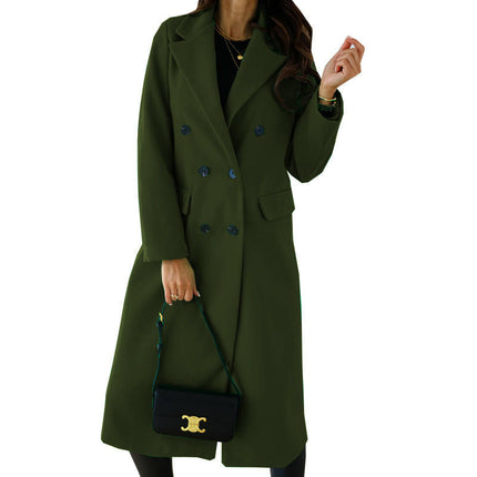Women's Winter Wool Coat Casual Notch Lapel Double-Breasted Long Wool Peacoat