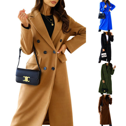 Women's Winter Wool Coat Casual Notch Lapel Double-Breasted Long Wool Peacoat