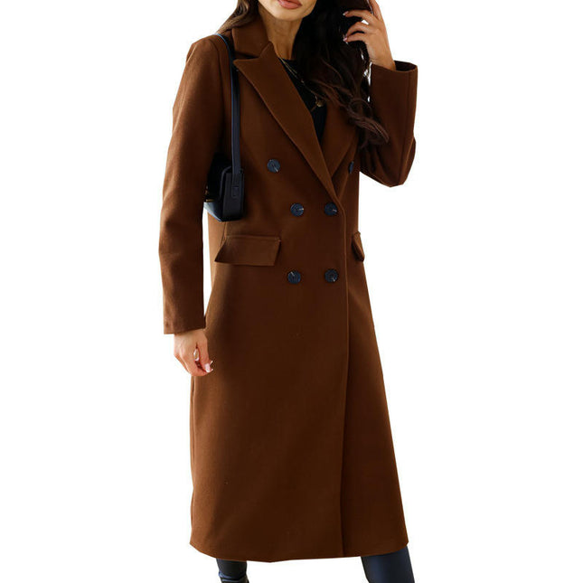 Women's Winter Wool Coat Casual Notch Lapel Double-Breasted Long Wool Peacoat