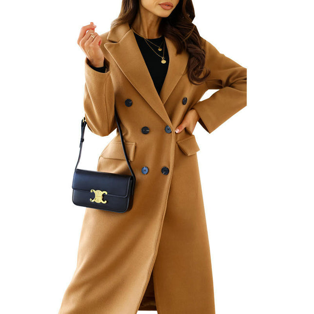 Women's Winter Wool Coat Casual Notch Lapel Double-Breasted Long Wool Peacoat