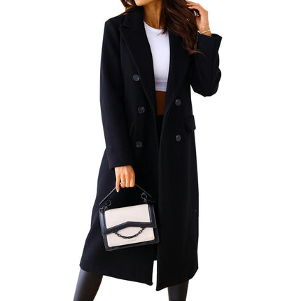 Women's Winter Wool Coat Casual Notch Lapel Double-Breasted Long Wool Peacoat