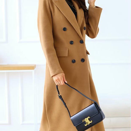 Women's Winter Wool Coat Casual Notch Lapel Double-Breasted Long Wool Peacoat