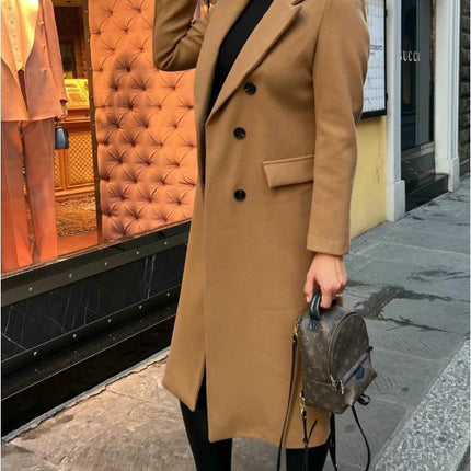 Women's Winter Wool Coat Casual Notch Lapel Double-Breasted Long Wool Peacoat