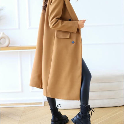 Women's Winter Wool Coat Casual Notch Lapel Double-Breasted Long Wool Peacoat