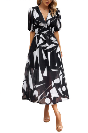 Womens Dresses Bohemian V Neck Elastic Waisted Band Midi Dress Chic Lightweight Basic Summer Sundress