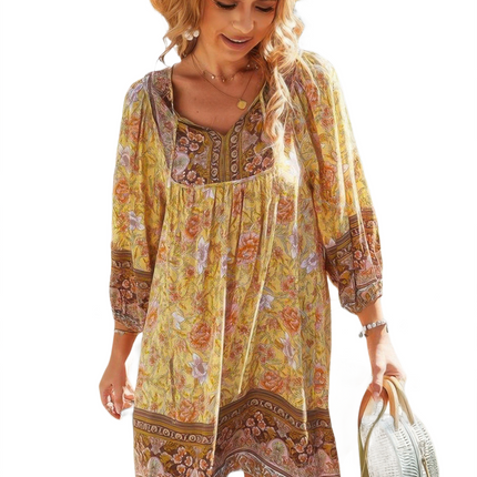 Womens Dresses Floral V Neck Long Sleeve Boho A Line Dress Casual Chic Lightweight Basic Summer Sundress