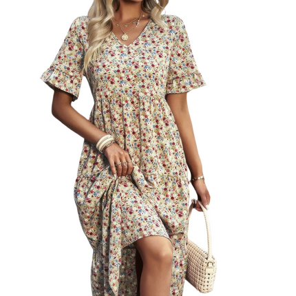 Womens Dresses Boho Floral Ruffle Hem V Neck Short Sleeve Dress Casual Chic Lightweight Basic Summer Sundress