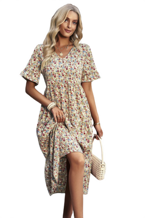 Womens Dresses Boho Floral Ruffle Hem V Neck Short Sleeve Dress Casual Chic Lightweight Basic Summer Sundress