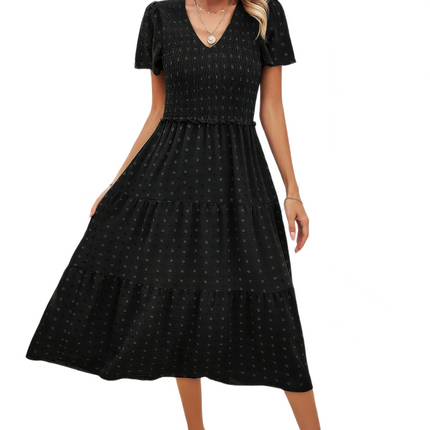 Womens Dresses Elegant Ruched V Neck Short Sleeve Pleated Dress Casual Lightweight Basic Summer Sundress