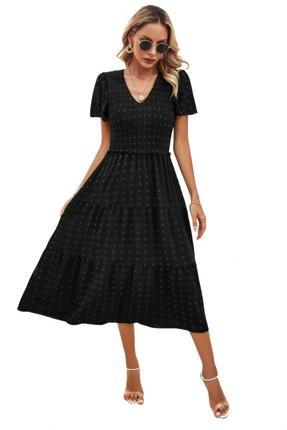 Womens Dresses Elegant Ruched V Neck Short Sleeve Pleated Dress Casual Lightweight Basic Summer Sundress