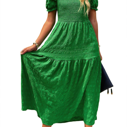 Womens Dresses Pleated Tiered Solid Short Puff Sleeve A Line Dress Casual Lightweight Basic Summer Sundress